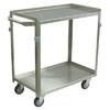 Medium Duty 2 Shelf Stainless Steel Utility Cart w/ Standard Handle, 3 Lips up & 1 Down, Steel Rigs, & 4" Thermorubber Casters, 16" Wide