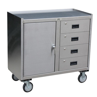 Stainless Steel Mobile Cabinet w/ 1 Door, 4 Drawers, Steel Rigs & 5" Urethane Casters, 18" Deep
