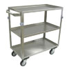Medium Duty 3 Shelf Stainless Steel Utility Cart w/ Standard Handle, Lips Up, Steel Rigs & 4" Thermorubber Casters, 16" Wide