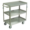 Medium Duty 3 Shelf Stainless Steel Utility Cart w/ Standard Handle, 3 Lips Up & 1 Down, Steel Rigs & 4" Thermorubber Casters, 16" Wide